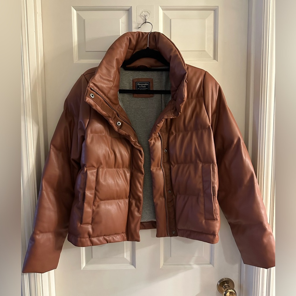 Abercrombie & Fitch Puffer Jacket Women's M Brown Vegan Leather Full Zipper!
